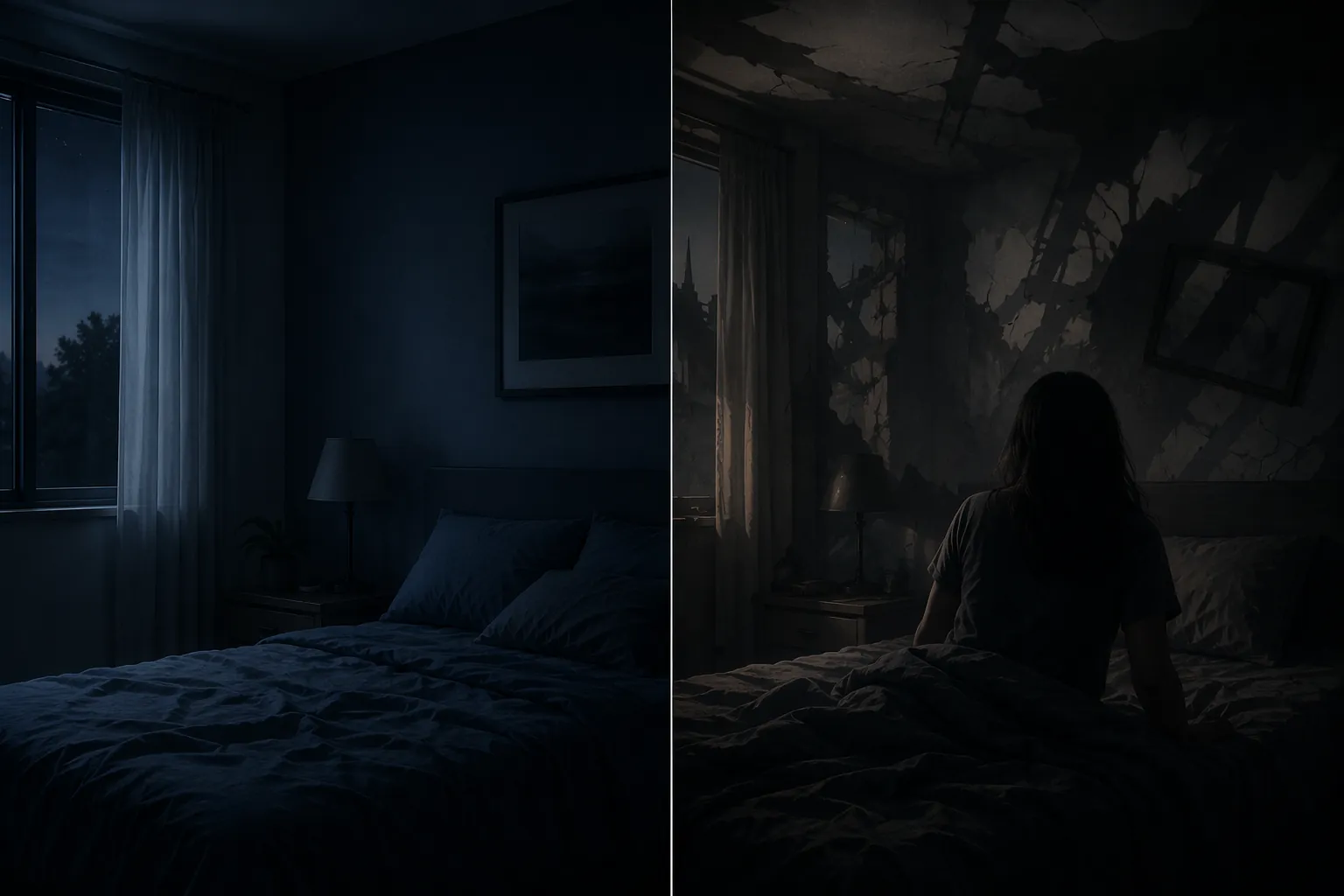 A split bedroom scene showing peaceful sleep on one side and collapse-like shadows on the other