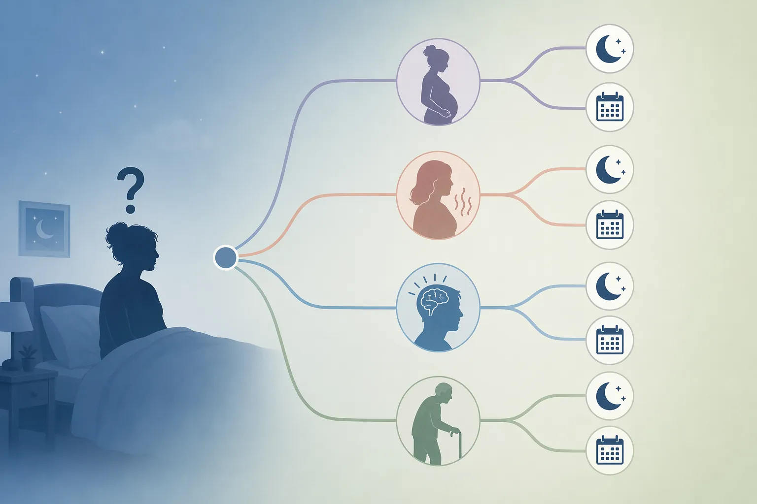Decision pathway showing sleep routes for pregnancy, perimenopause, ADHD, and older adulthood, each divided into tonight and longer-term choices