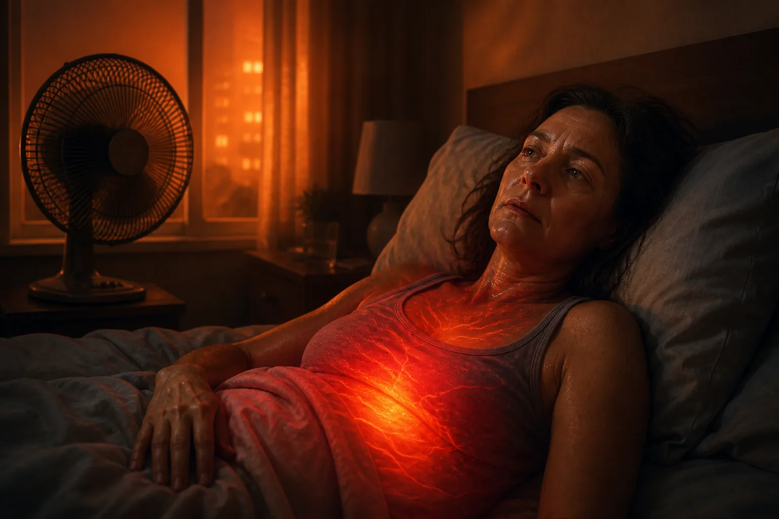 Perimenopausal woman awake in bed during a heat wave with a fan nearby and a warm glow suggesting internal vasomotor heat