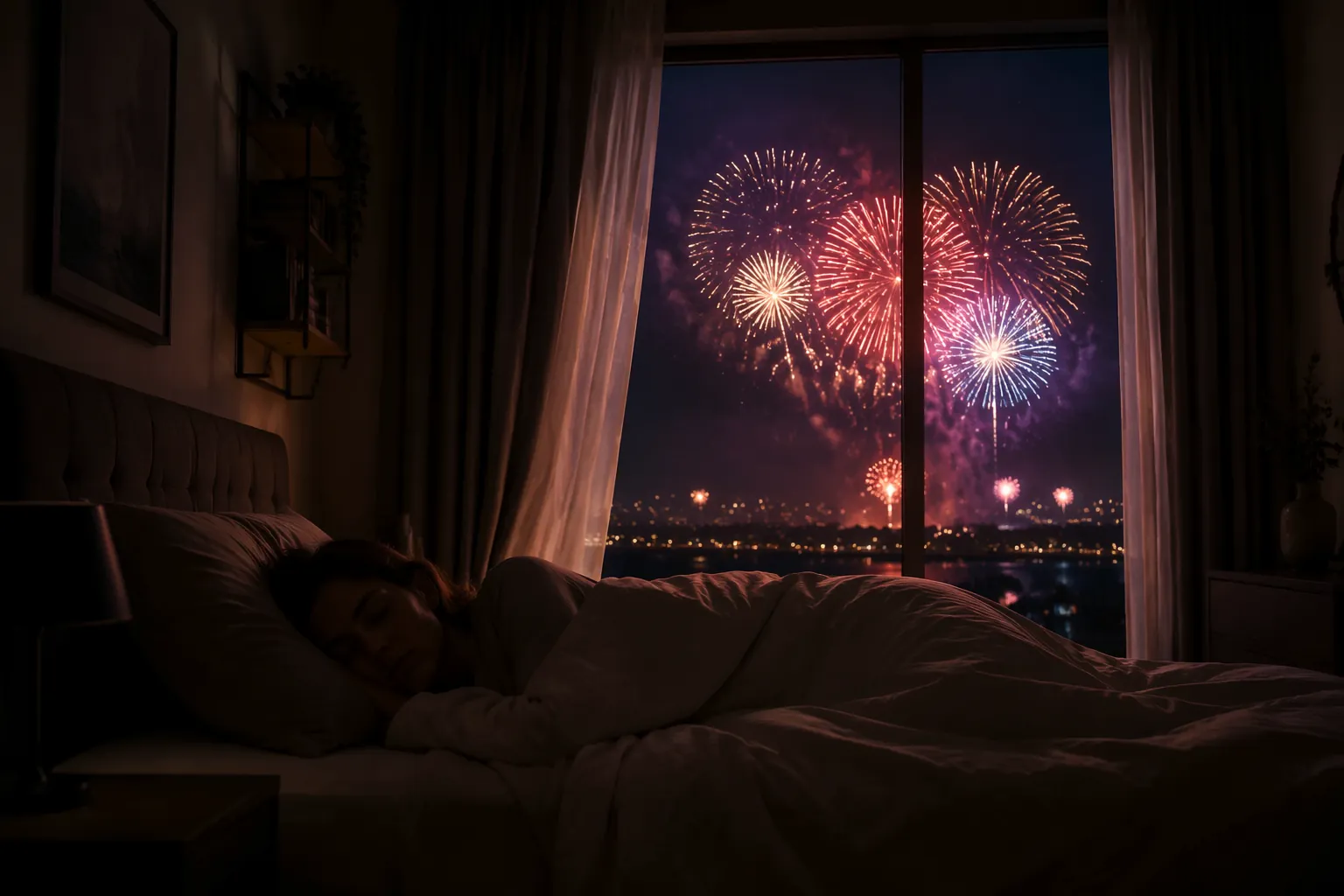 A dark bedroom with a sleeping person while fireworks flash outside the window