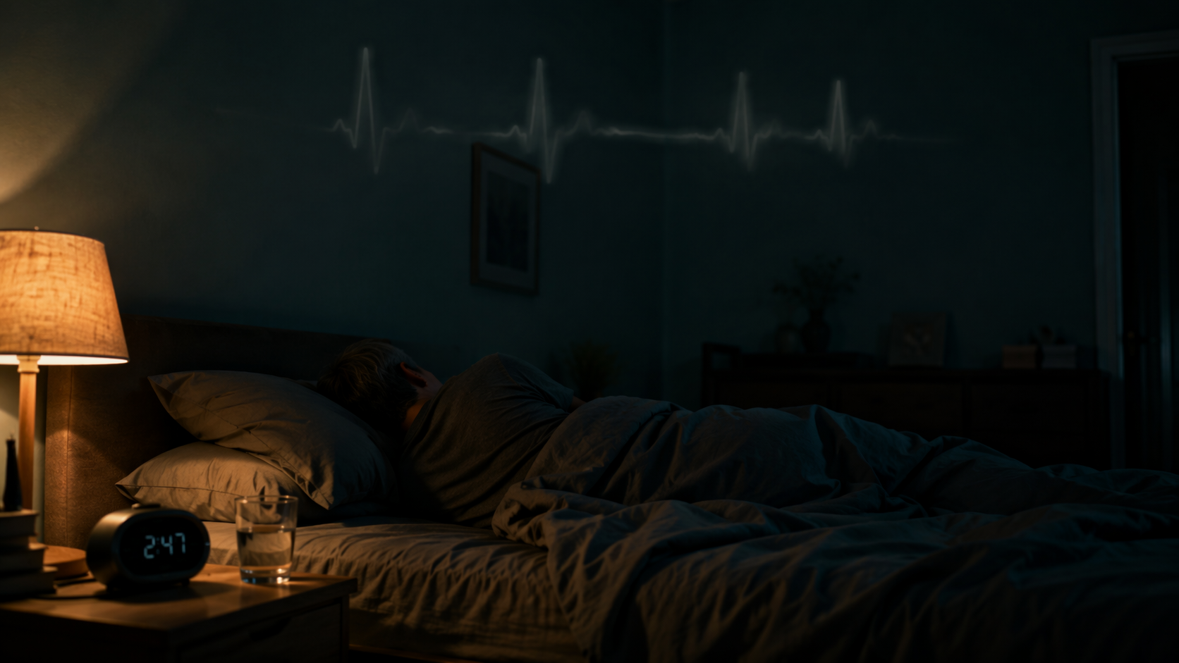 Person lying awake in a dim bedroom at night with a late bedside clock and a faint uneven heartbeat line
