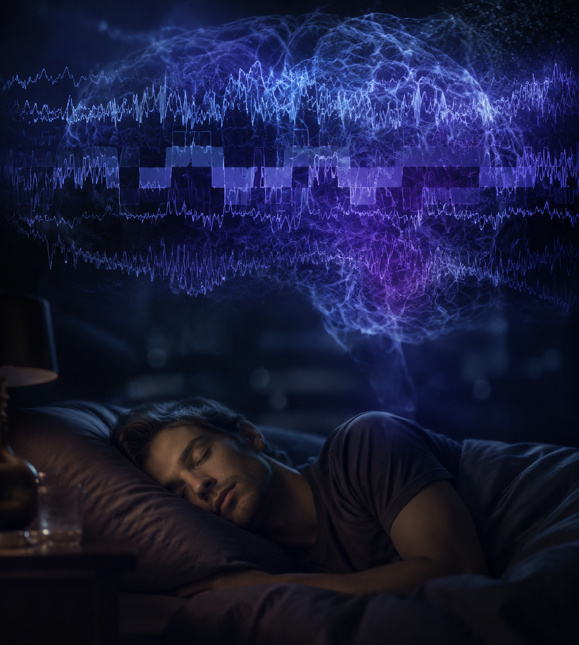 A person sleeping peacefully with abstract EEG waveforms and fragmented sleep-stage patterns above them