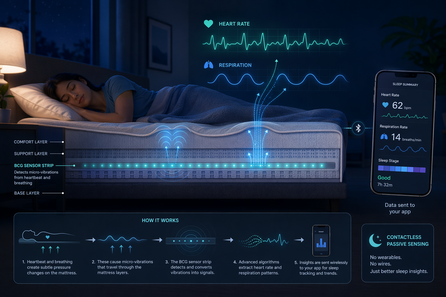 Cross-section diagram of a smart mattress with a person sleeping above it, showing an embedded BCG sensor strip detecting micro-vibrations from heartbeat and breathing, with data streams flowing upward into digital waveform lines and a smartphone displaying health metrics.