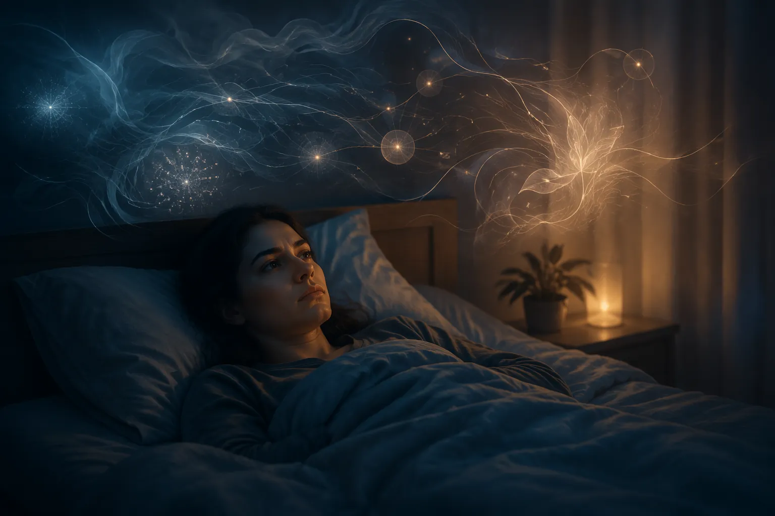 Person lying awake in a dim bedroom with abstract dreamlike shapes suggesting sleep recovery