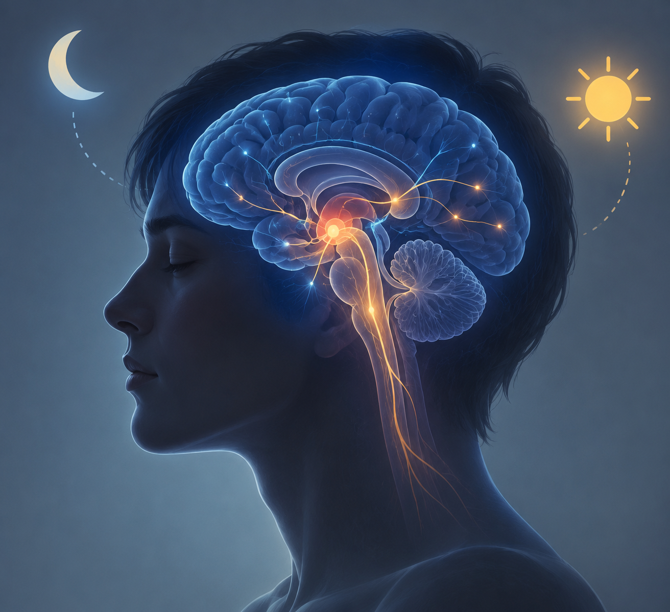 Illustration of disrupted sleep-regulating brain pathways with disconnected sleep and wake symbols