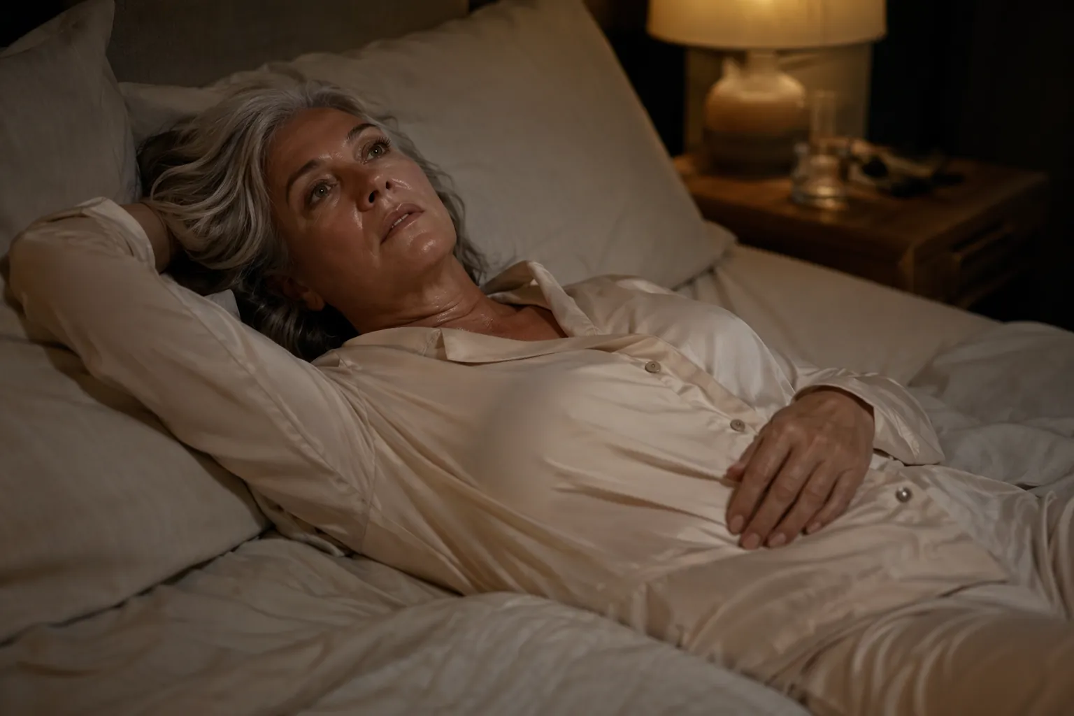 Woman in her late 50s lying awake in a softly lit bedroom wearing loose sleepwear