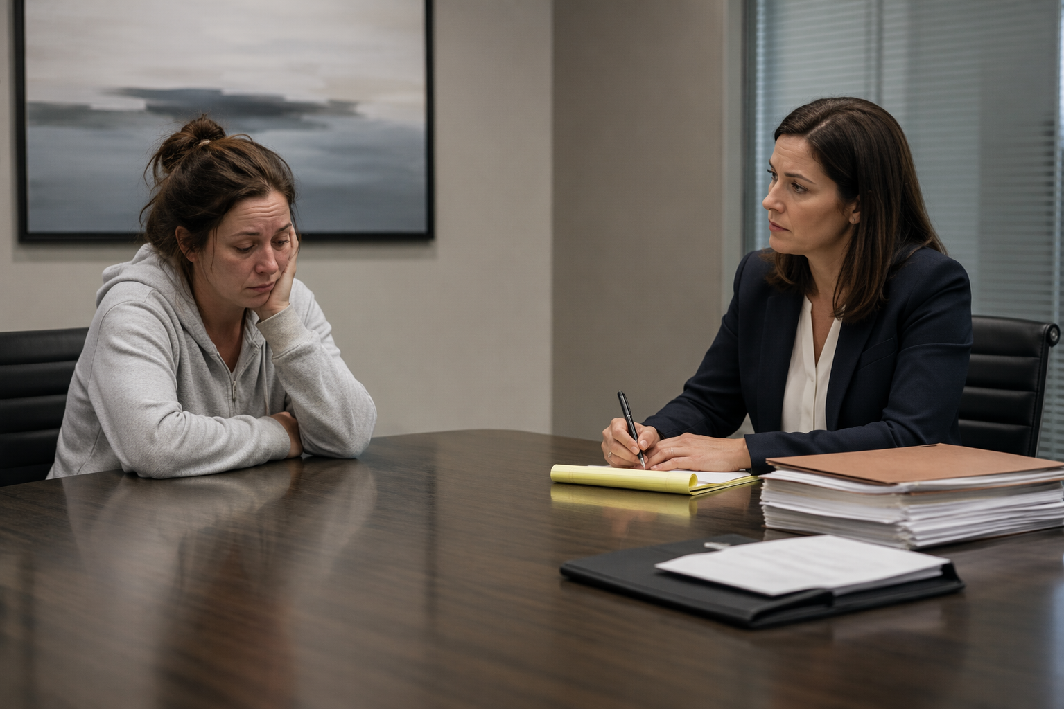 A fatigued parent sits across from a custody evaluator in a conference room, with legal papers on the table.