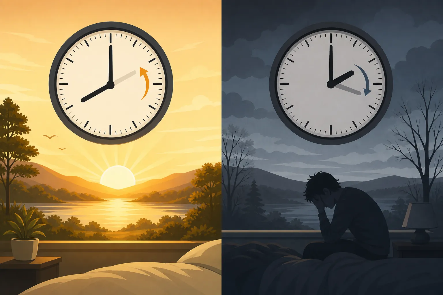 A split illustration contrasting clocks turning backward toward sunrise with clocks jumping forward into a darker sleepy scene