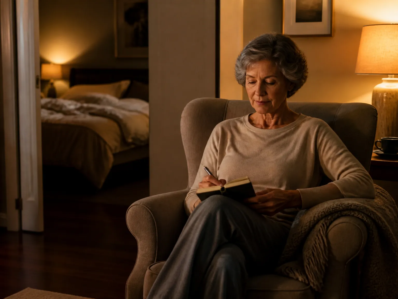 Older adult sitting in a chair with a notebook after leaving bed during nighttime worry