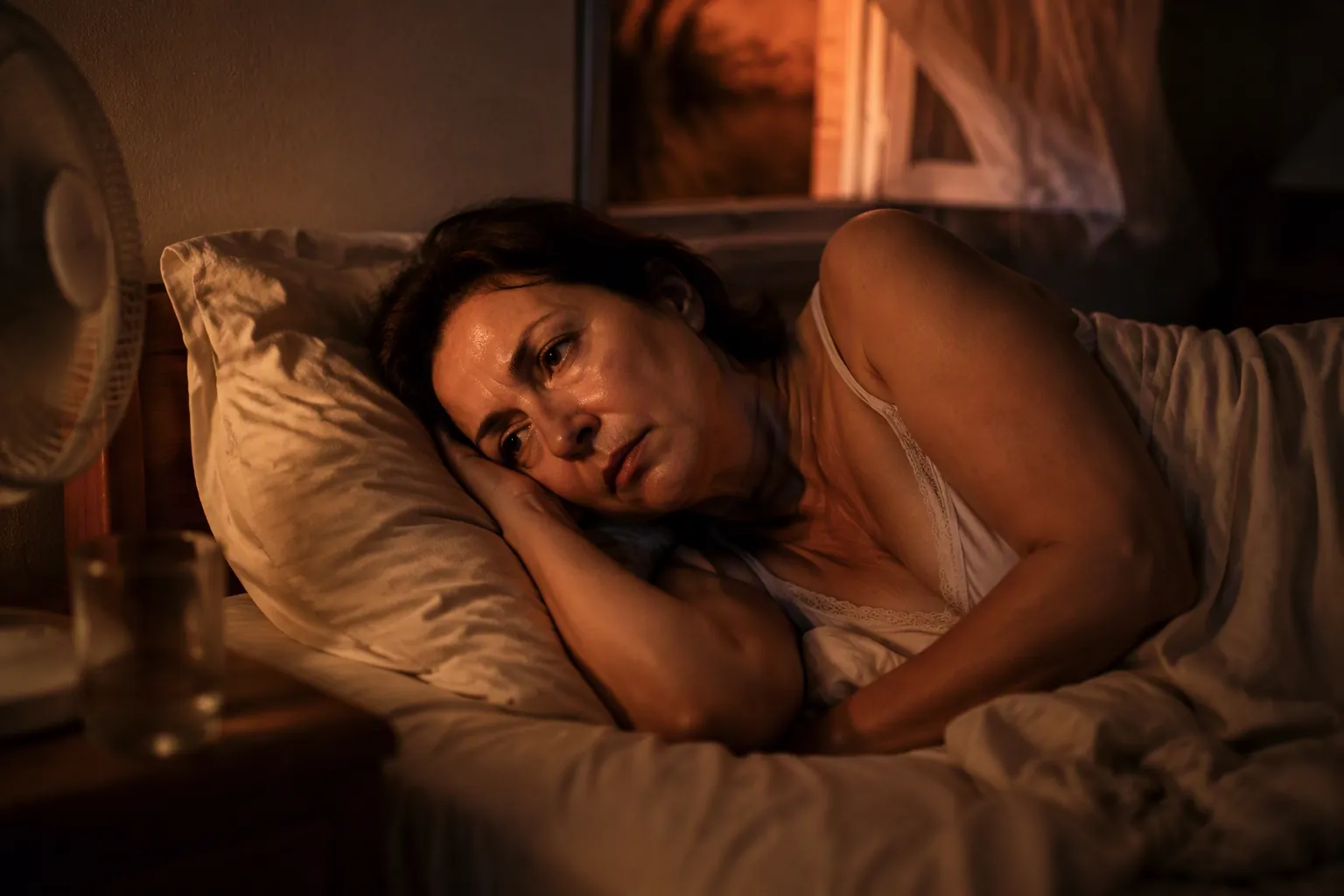 Middle-aged woman lying awake and perspiring in a warm bedroom with a fan on the nightstand