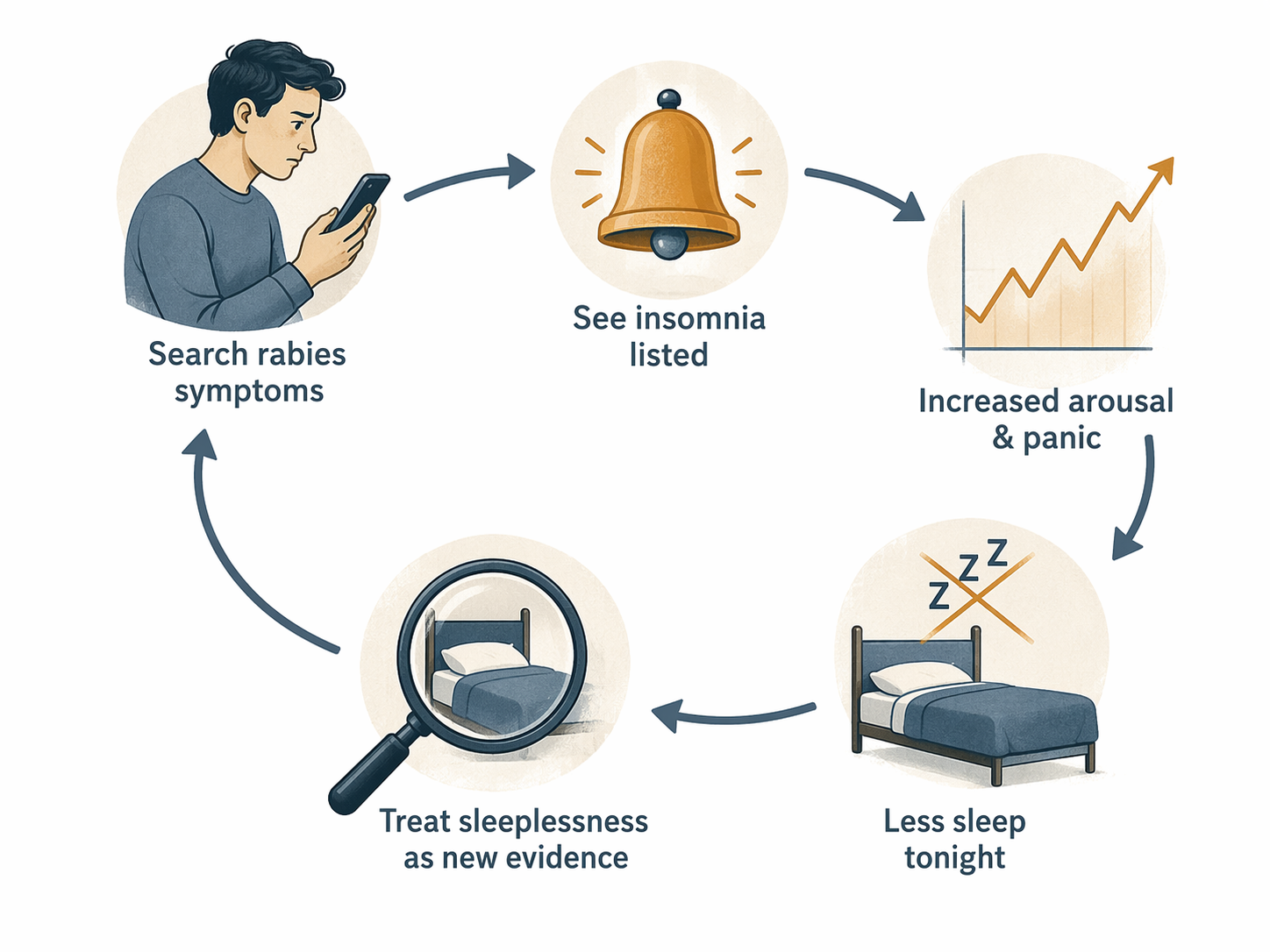 Feedback loop showing rabies symptom searching leading to panic, less sleep, and renewed checking