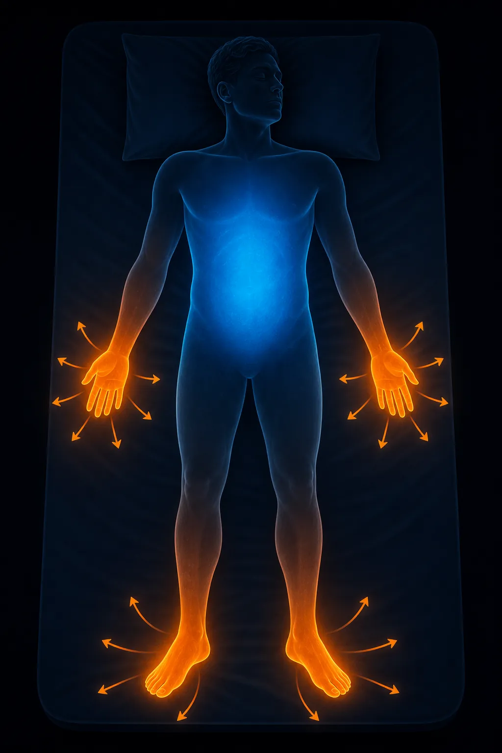 Illustration of heat leaving the hands and feet while core body temperature drops for sleep
