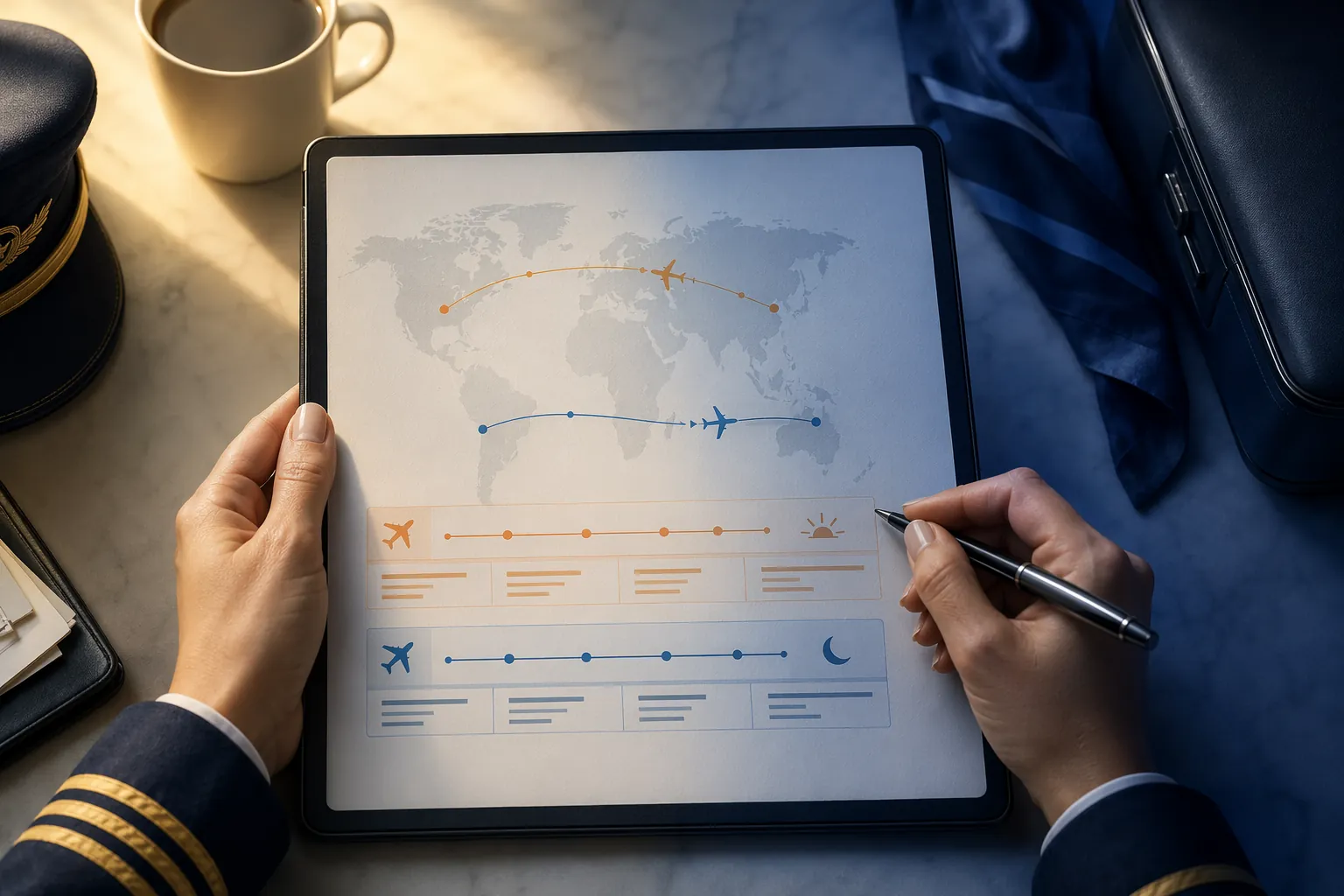 Flight attendant comparing two trip options on a tablet with morning and night lighting
