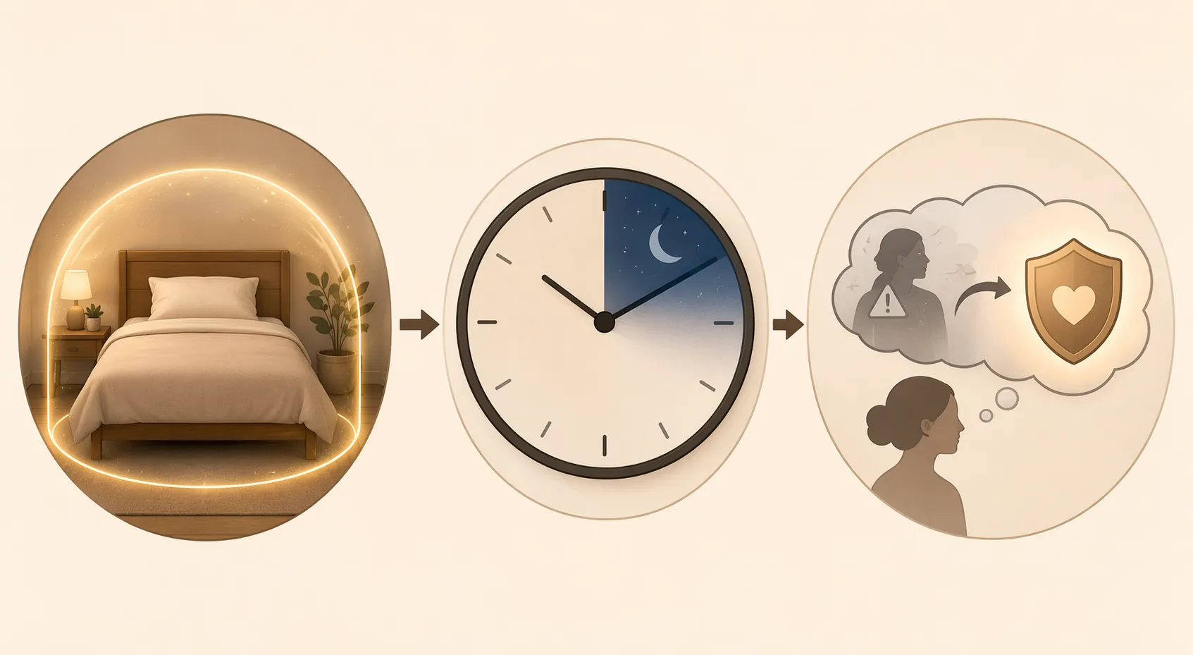 Illustration of trauma-adapted CBT-I with stimulus control, consolidated sleep windows, and cognitive restructuring
