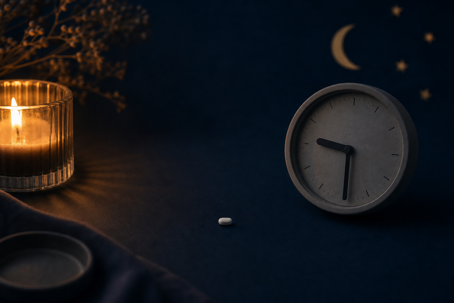 A single small white capsule beside a minimalist analog clock showing 9:30 PM, with warm amber candlelight and a dark navy background.