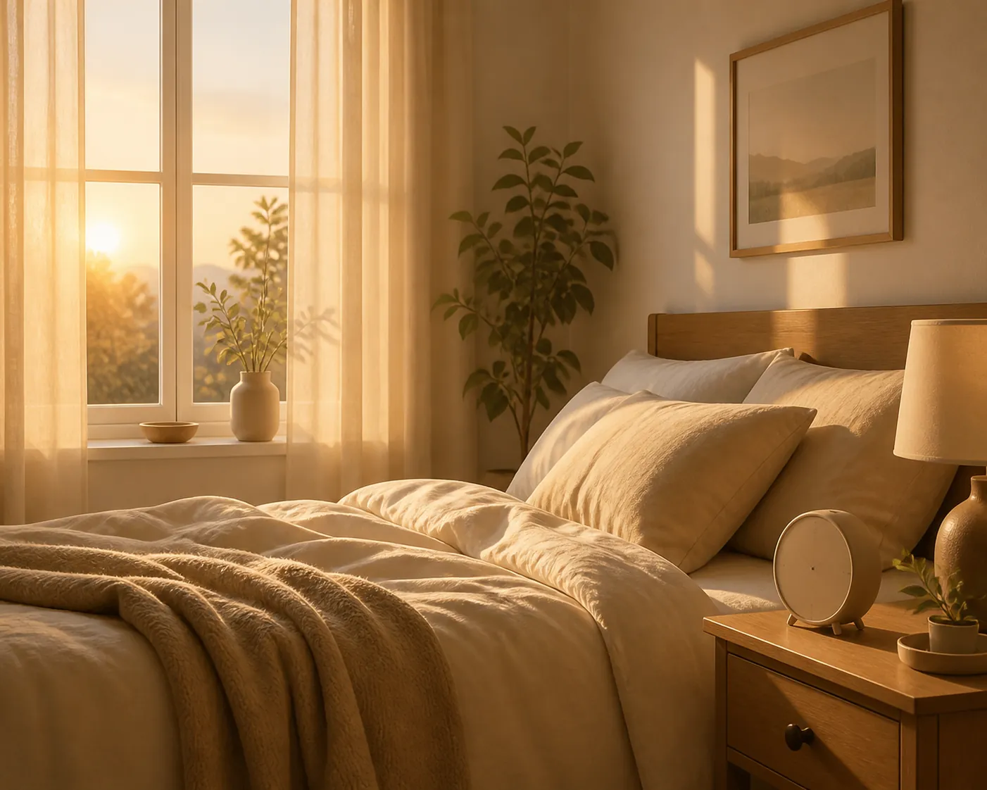 Soft morning light in a bedroom with a rumpled bed and a small alarm clock