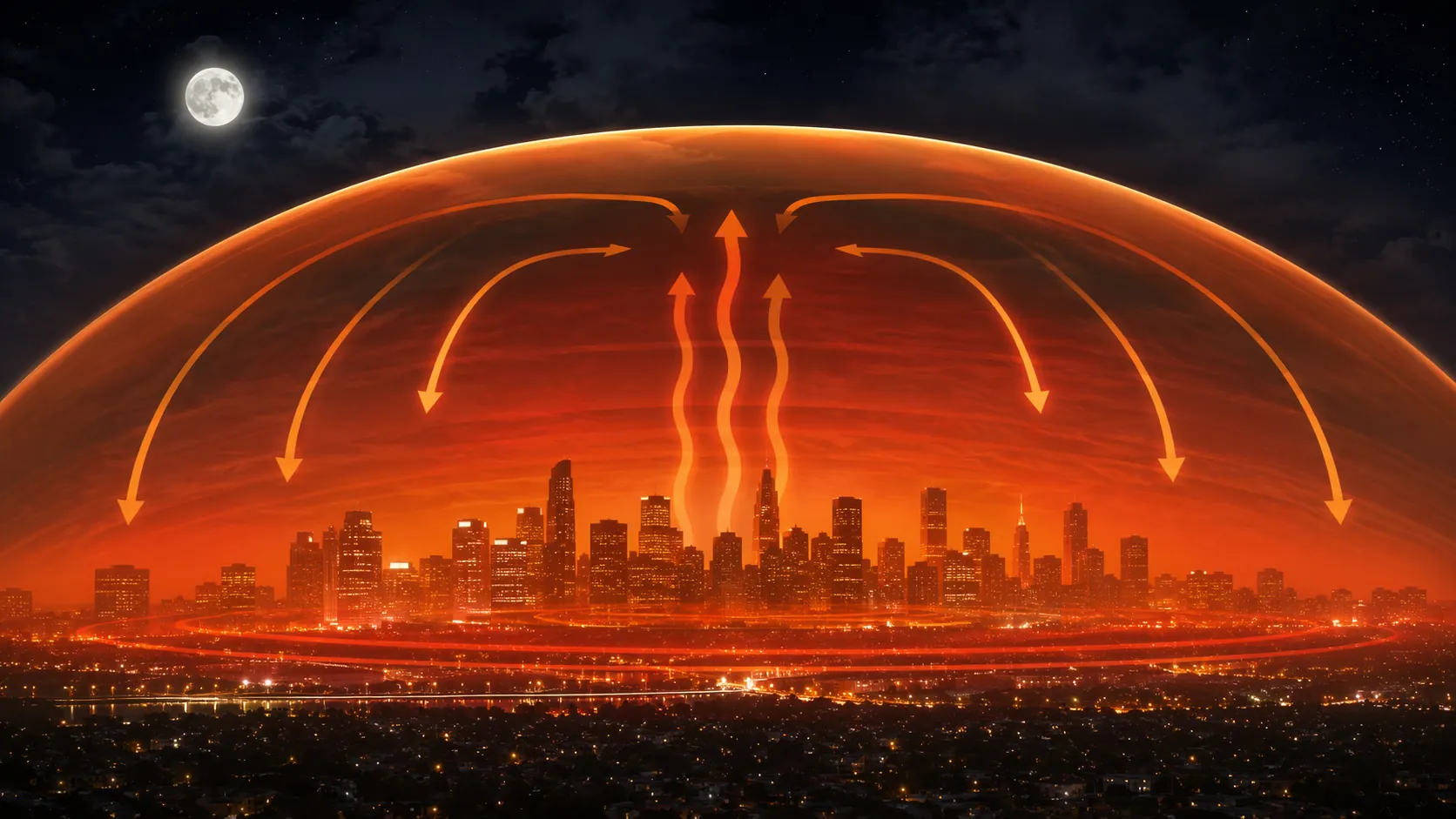 Illustration of a heat dome trapping warm air over a nighttime city