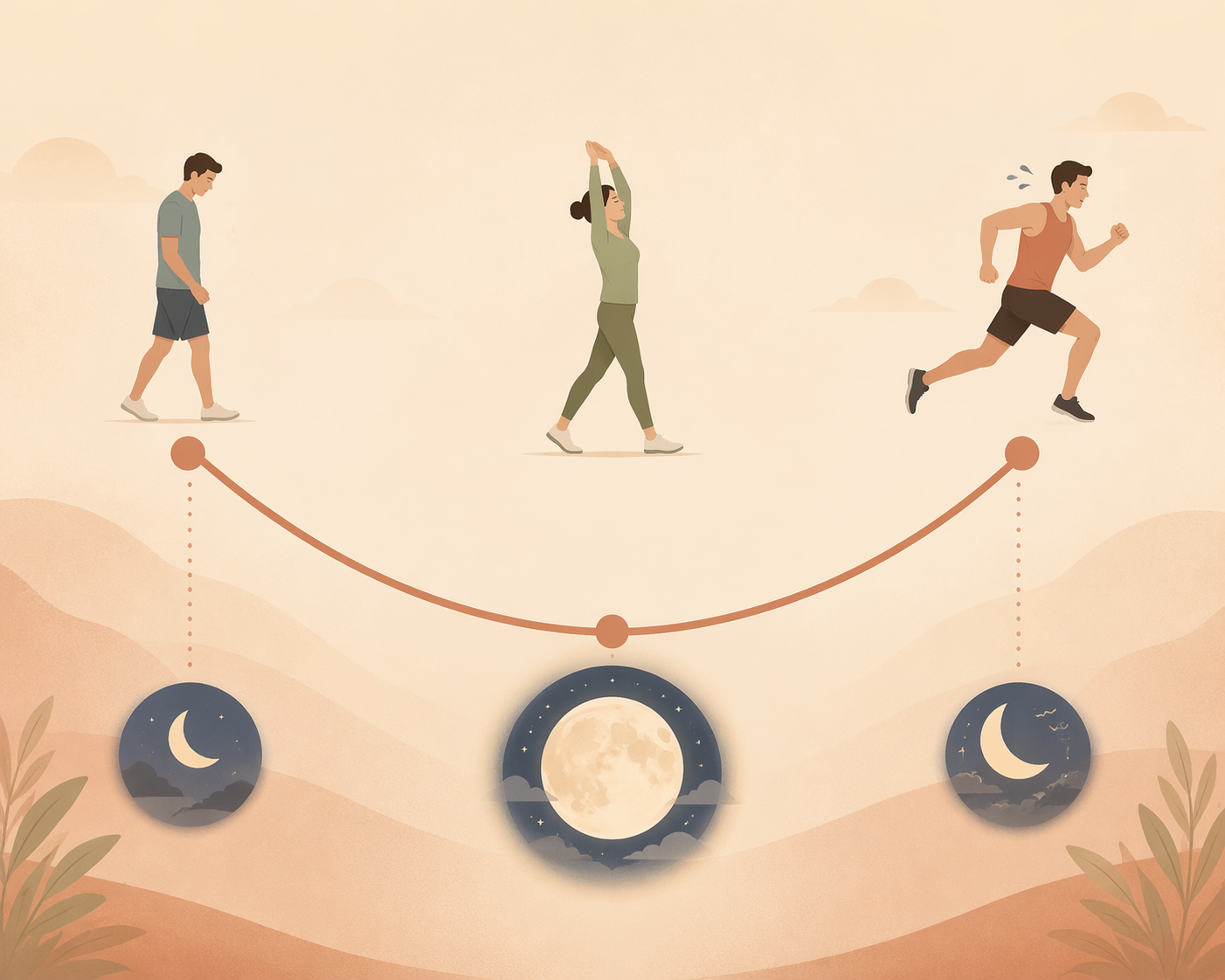 Conceptual U-shaped curve showing low, moderate, and high activity levels with sleep icons