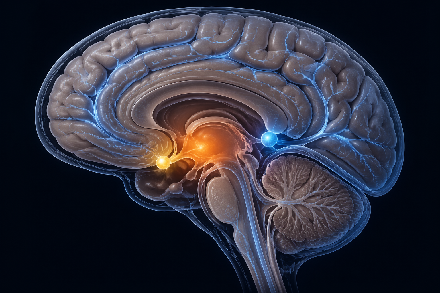 Cross-section illustration of the brain highlighting orexin, circadian, melatonin, and glymphatic sleep systems