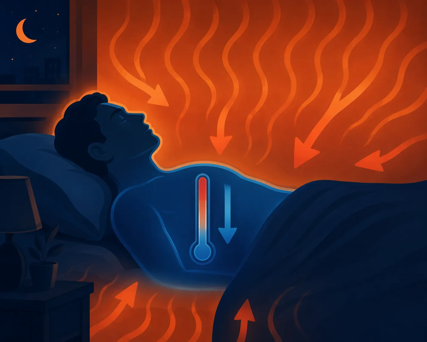 Illustration of a sleeper surrounded by orange heat waves blocking the body’s nighttime cooling process