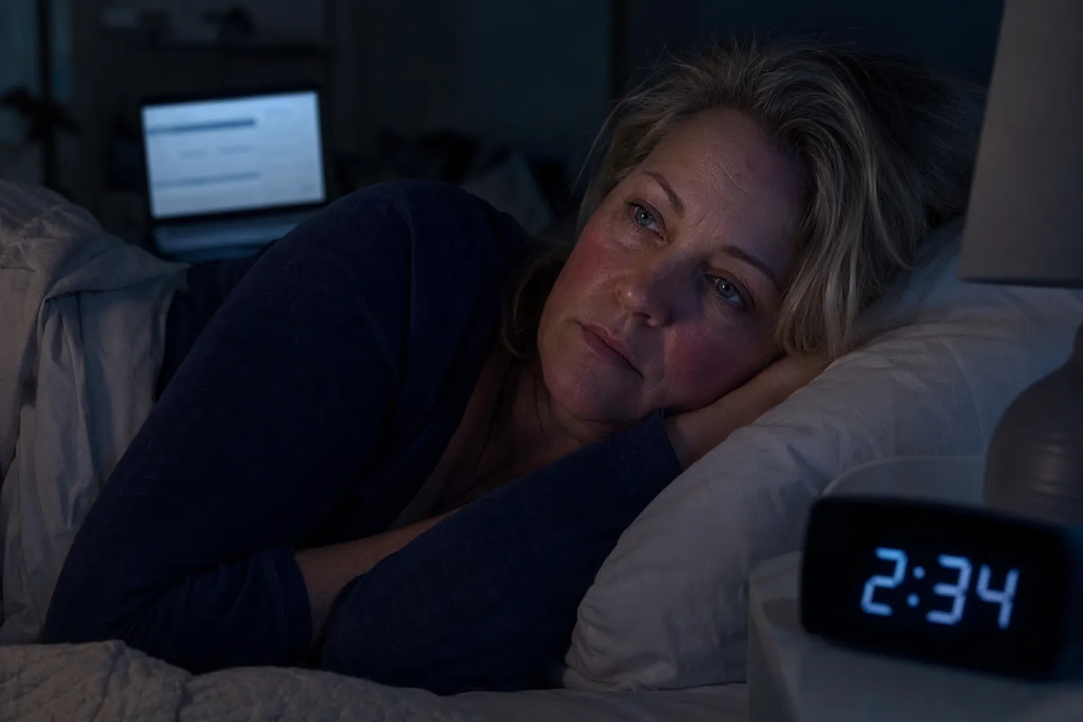A woman in her late 40s lies awake at 2:34 AM with signs of a hot flash and a loan payment page open nearby