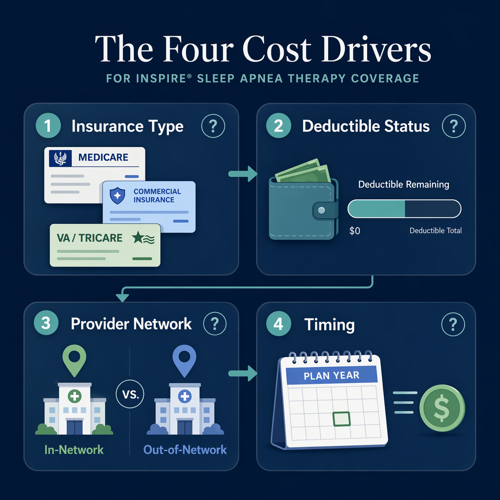 A flat vector editorial illustration on a dark navy background showing four interconnected boxes labeled 'Insurance Type' (with Medicare, commercial, and VA card icons), 'Deductible Status' (with a progress bar and wallet), 'Provider Network' (with a map pin and hospital building), and 'Timing' (with a calendar and coin icon), each with a small question mark, forming a decision-flow diagram.