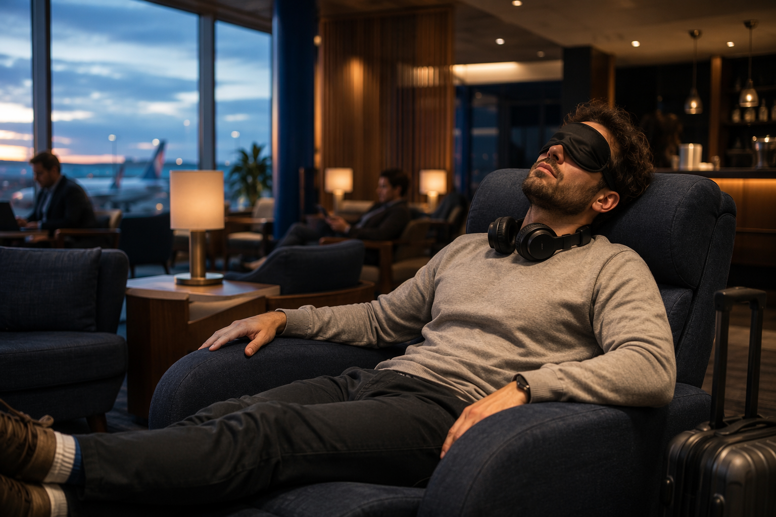 A tired traveler reclines in an airport lounge chair wearing a sleep mask and noise-canceling headphones
