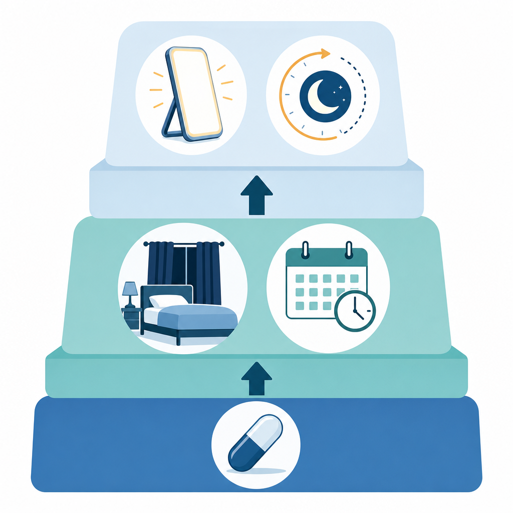 Tiered step diagram showing three levels of SWD treatment: top tier with a bright light lamp and crescent-moon phase symbol for light therapy and melatonin, middle tier with a bed and blackout curtains for sleep environment and schedule optimization, bottom tier with a capsule silhouette for pharmacological options.
