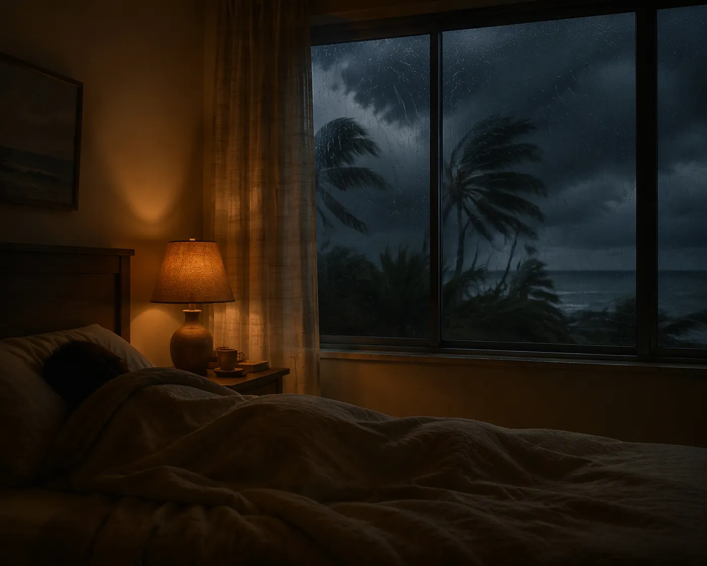 Bedroom at night with storm clouds and wind-bent palm trees outside the window