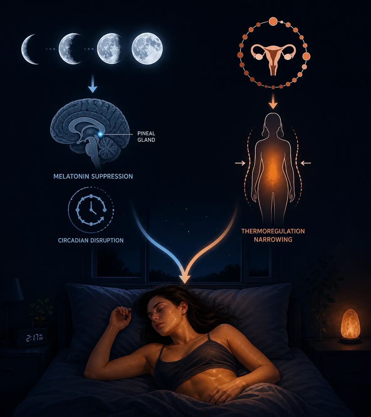 An infographic showing moon-related melatonin suppression and perimenopause-related thermoregulation narrowing converging on a restless sleeping figure.