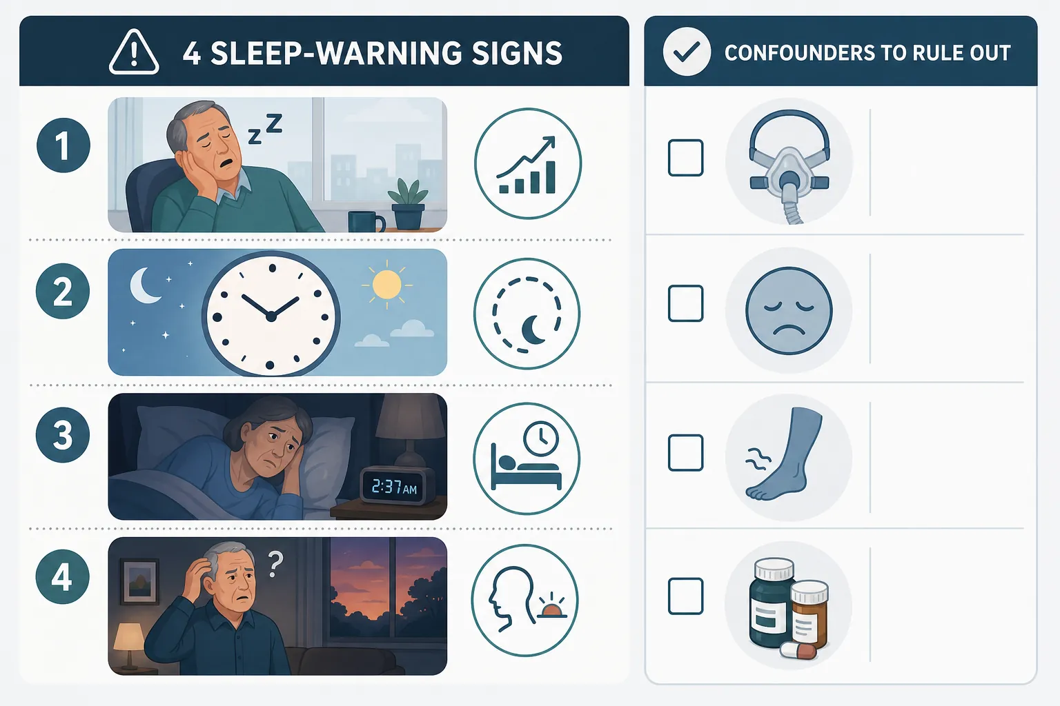Infographic showing four sleep warning patterns and a checklist of common confounders