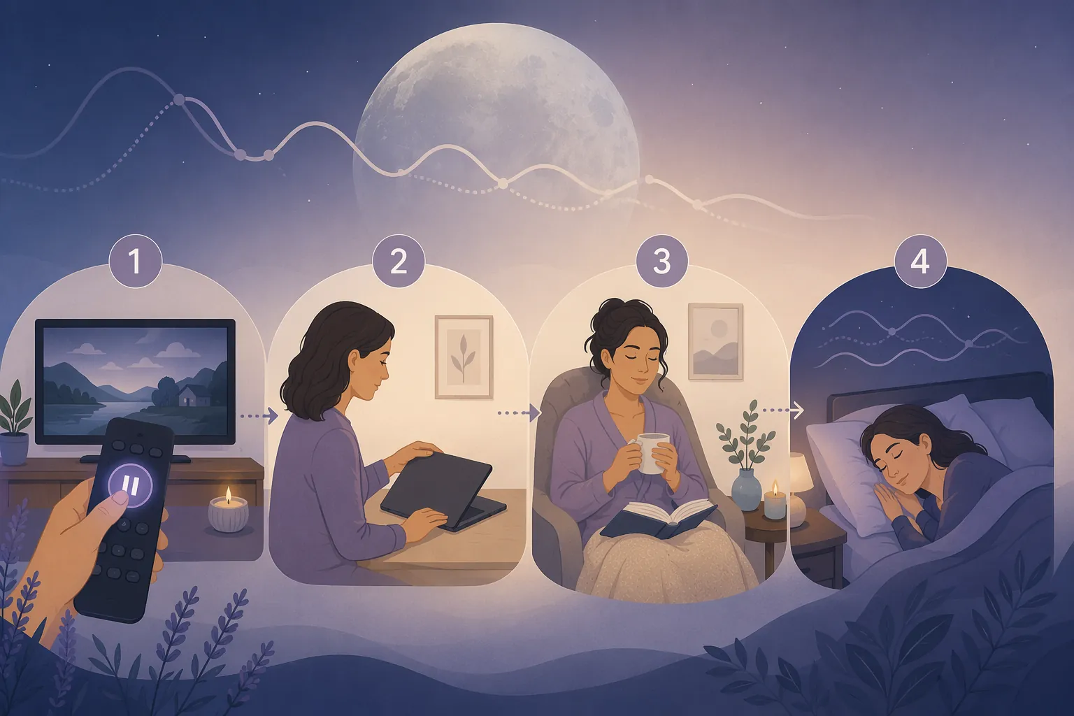 Four-step bedtime routine showing pause, closing a tablet, quiet reading, and sleep