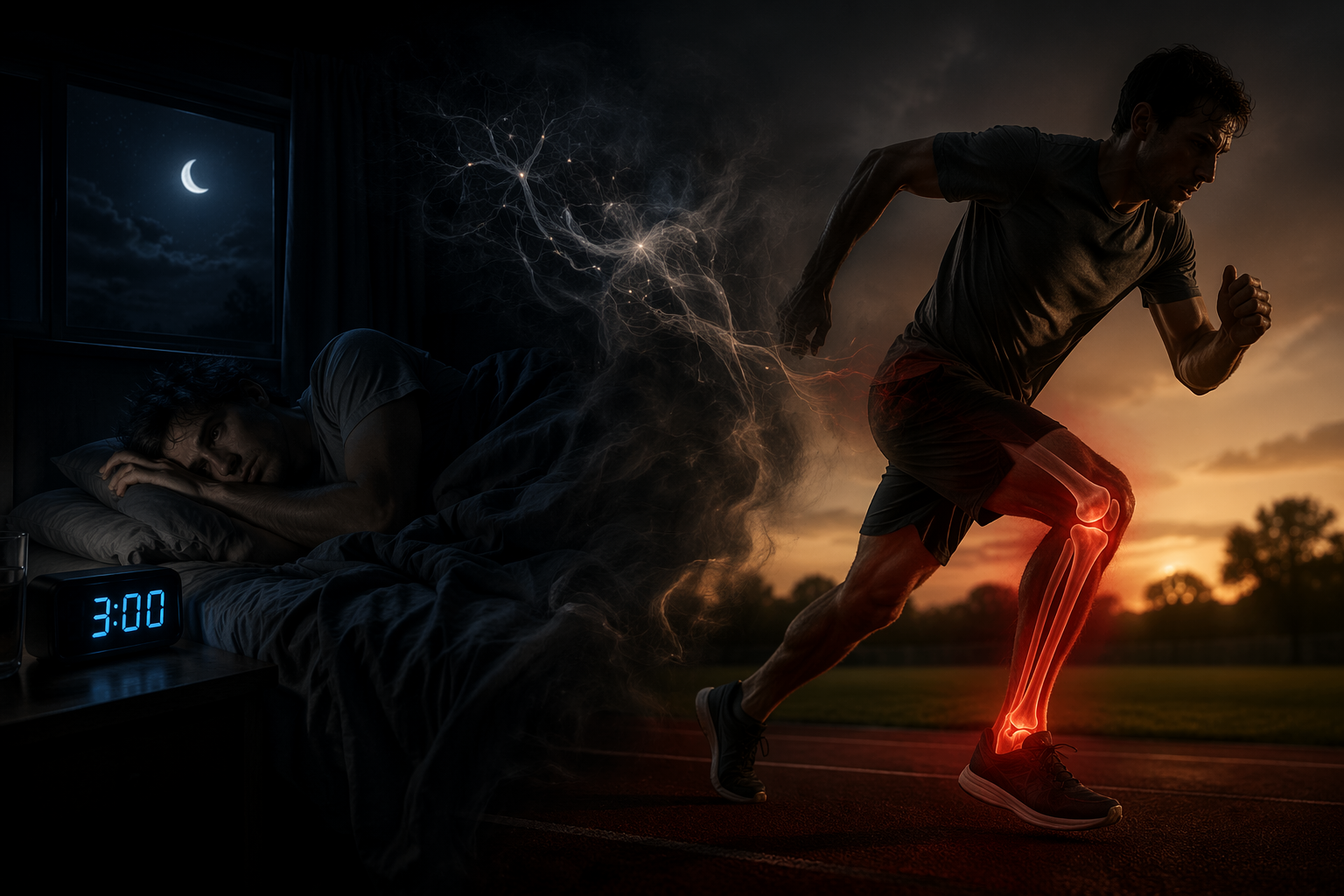 Restless sleep transitioning into an athlete mid-stride with injury vulnerability highlighted at the knee and ankle