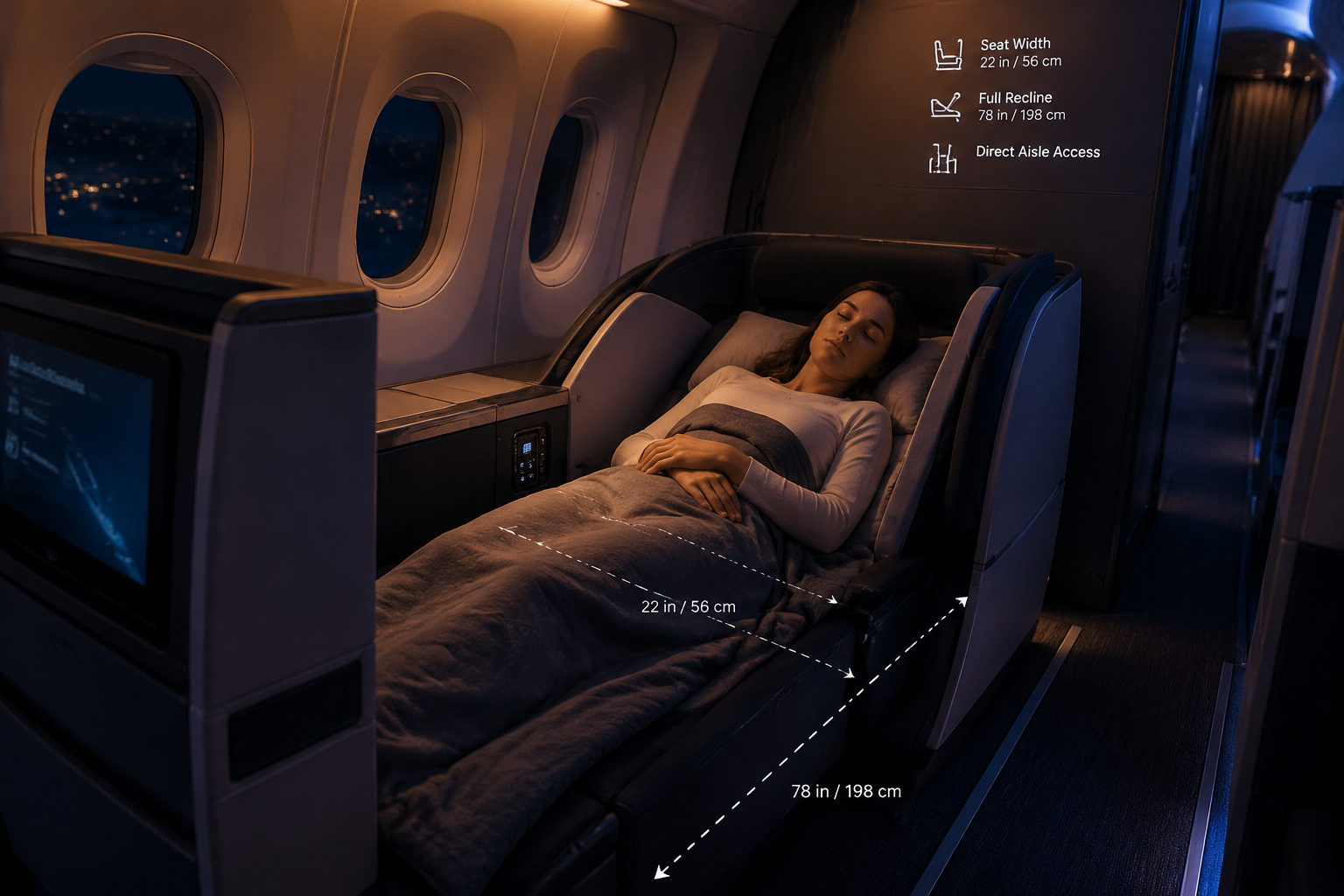 Passenger sleeping in a modern aircraft cabin with dim circadian-aware lighting and generous seat space