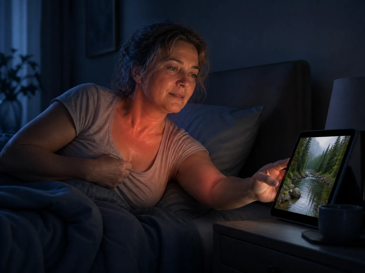 A middle-aged woman in bed reaching toward a tablet showing a calm forest scene after a hot flash