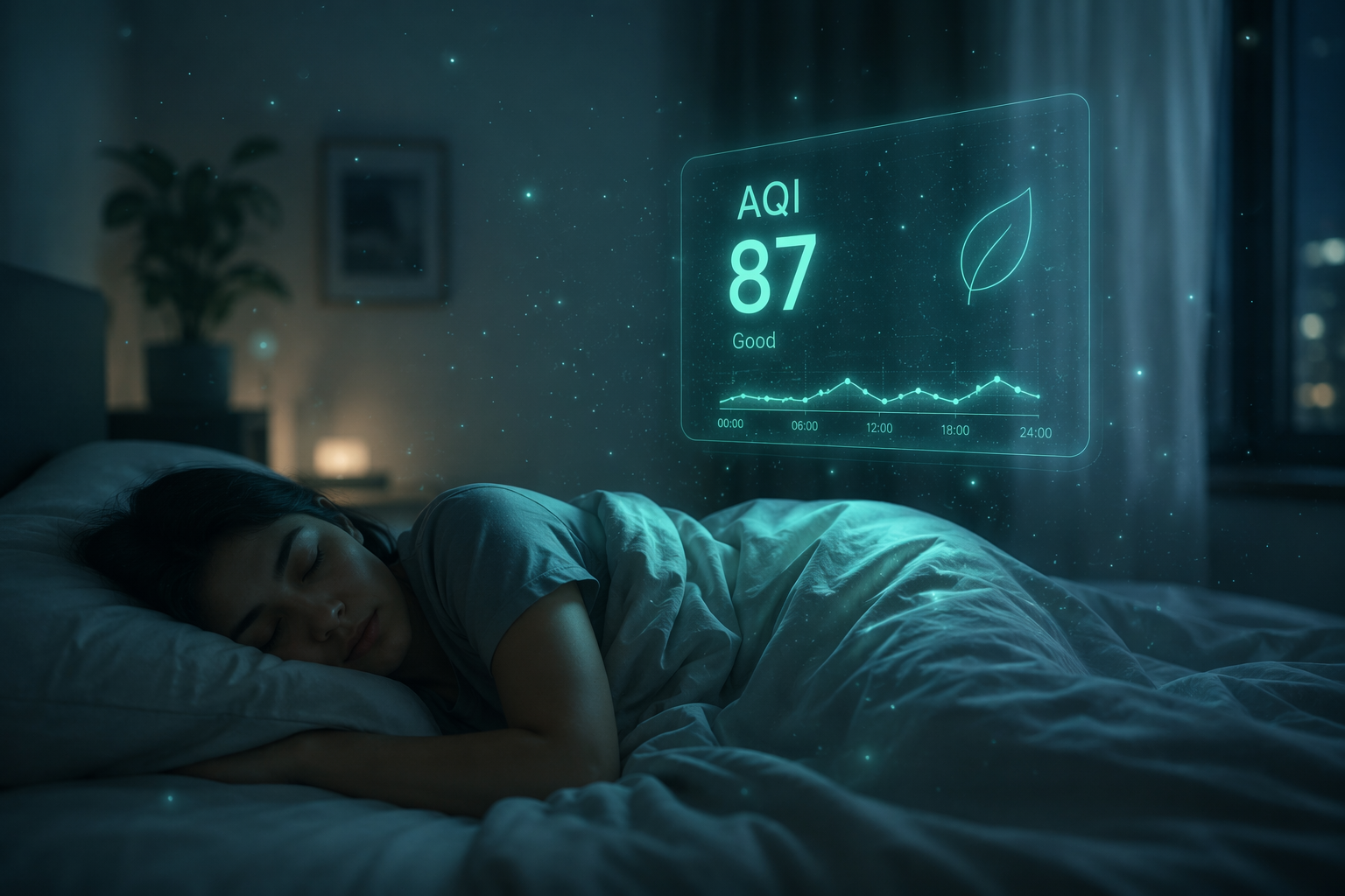 Nighttime bedroom with a floating AQI 87 readout above the bed