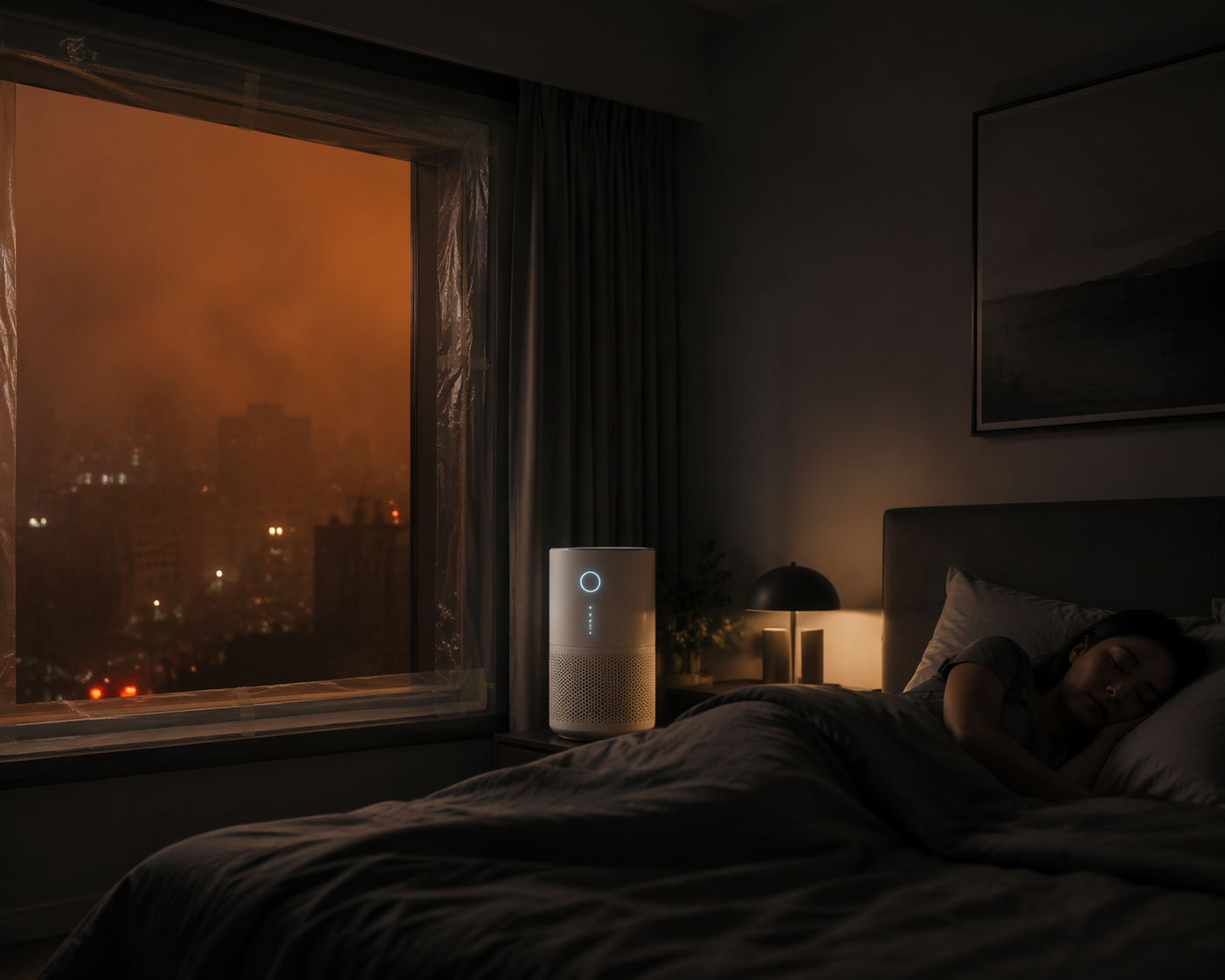 Bedroom at night with smoky orange air outside a taped window and an air purifier running indoors