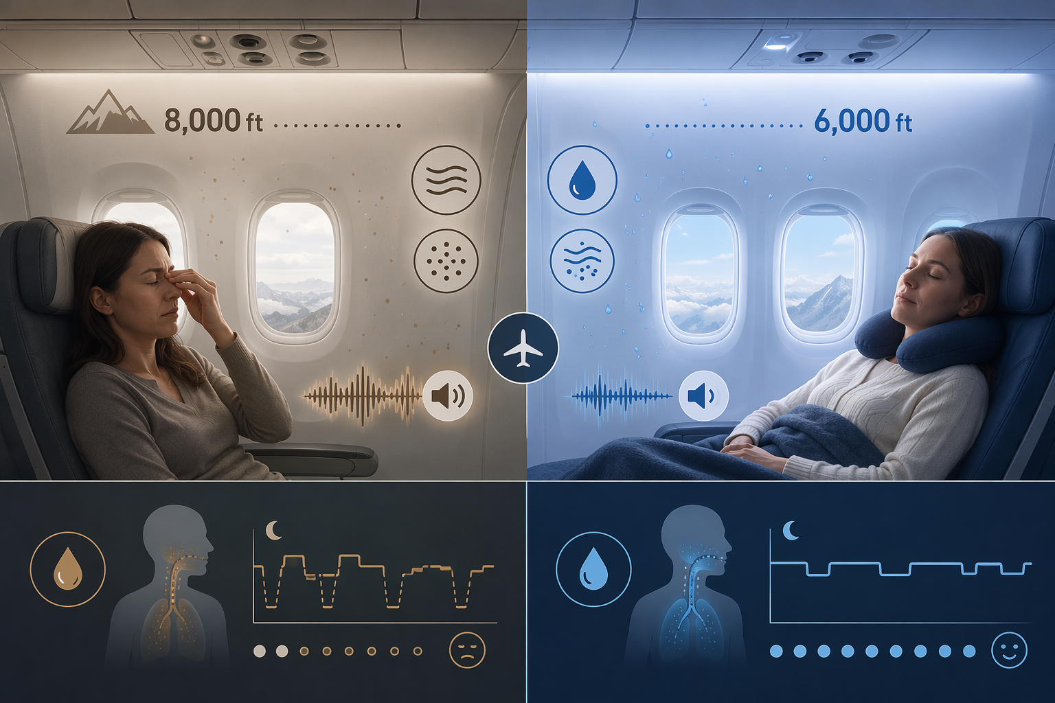 Illustration comparing an older aircraft cabin with drier, noisier conditions to a Boeing 787 cabin with lower altitude cues, more humidity, and a quieter atmosphere