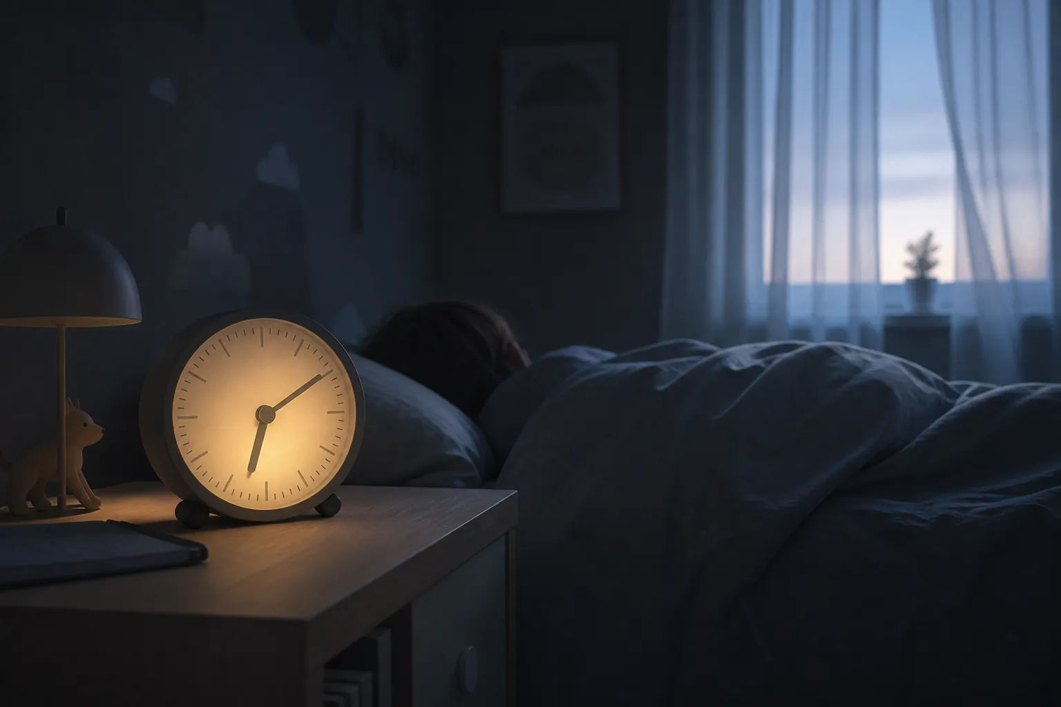 A child sleeping in a bedroom at early dawn with an analog alarm clock glowing on the nightstand