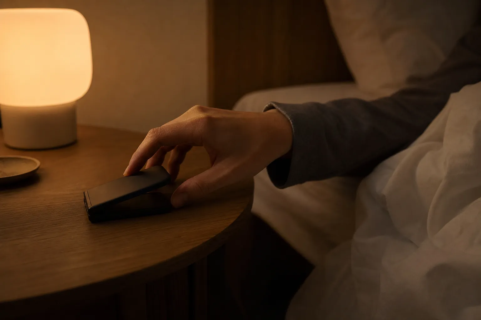 A hand closing a black flip phone beside a bed under warm amber light