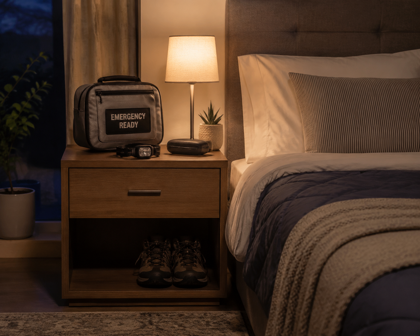 A calm bedroom at night with an open emergency bag and bedside preparedness items.