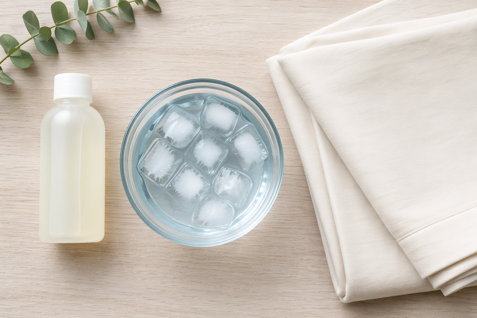 Wool-specific detergent, cold water, and a folded cream merino wool sheet on a light wood surface