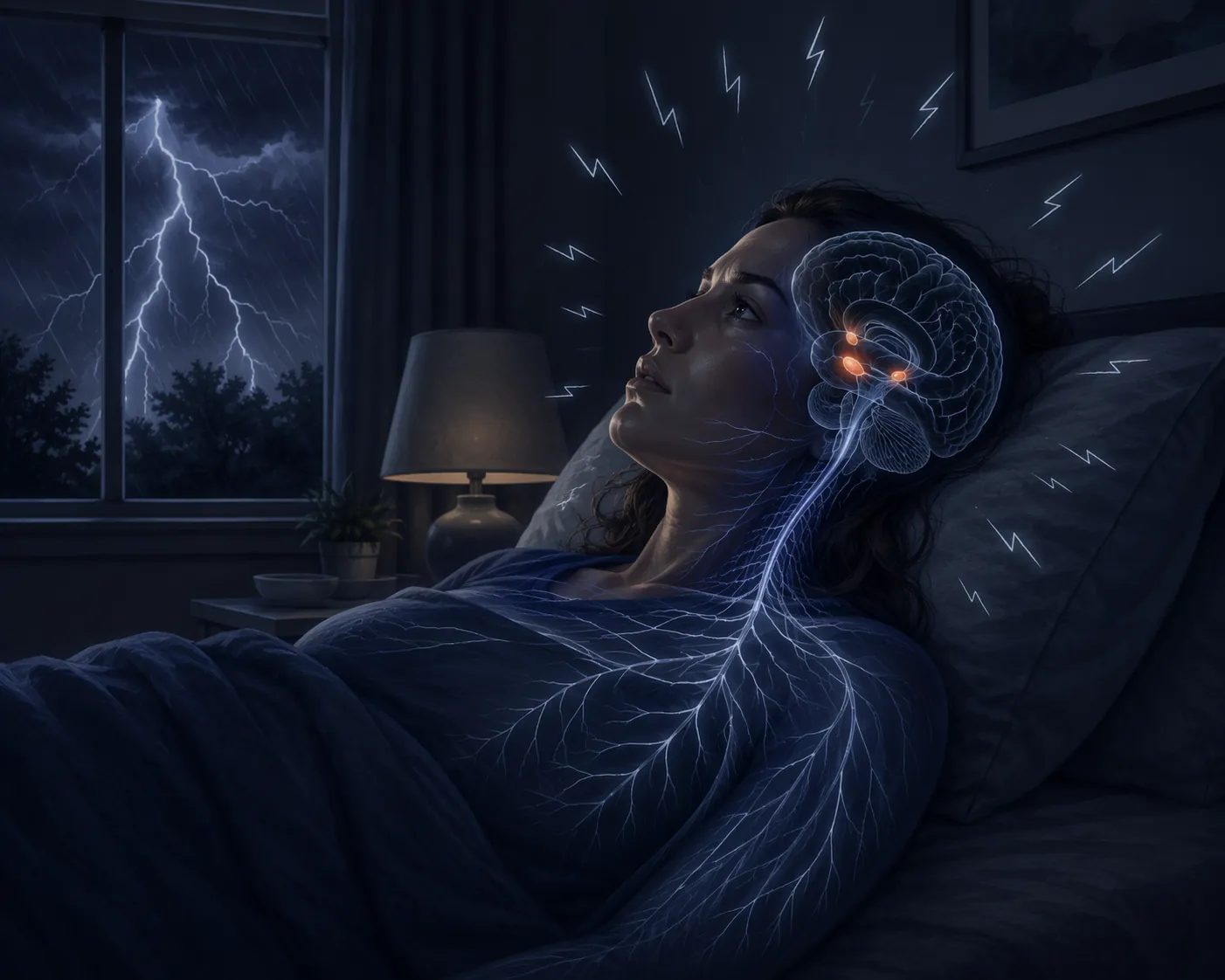 Person lying awake during a thunderstorm with a highlighted brain suggesting hypervigilance