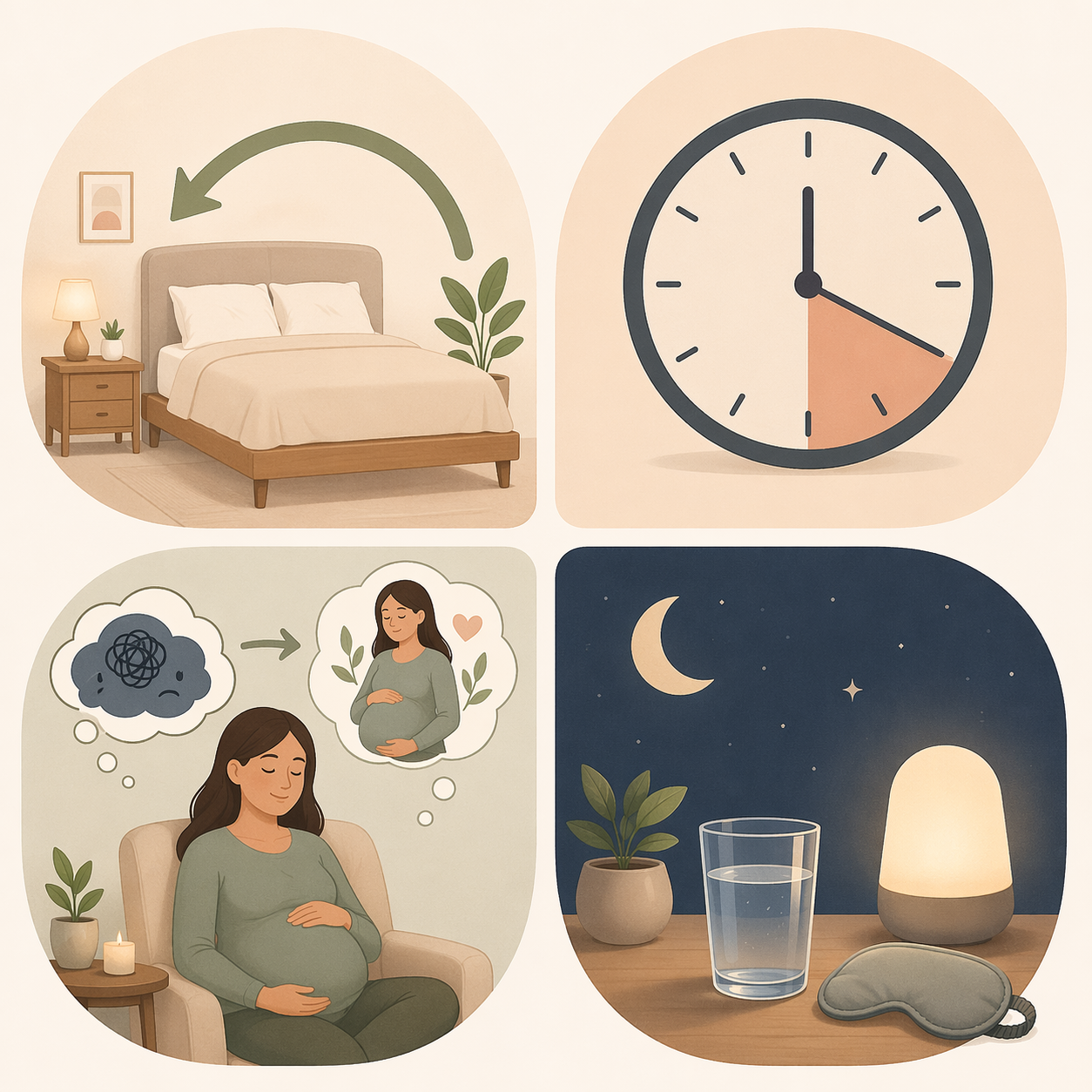 Four-part illustration of CBT-I components including stimulus control, sleep restriction, cognitive restructuring, and sleep hygiene