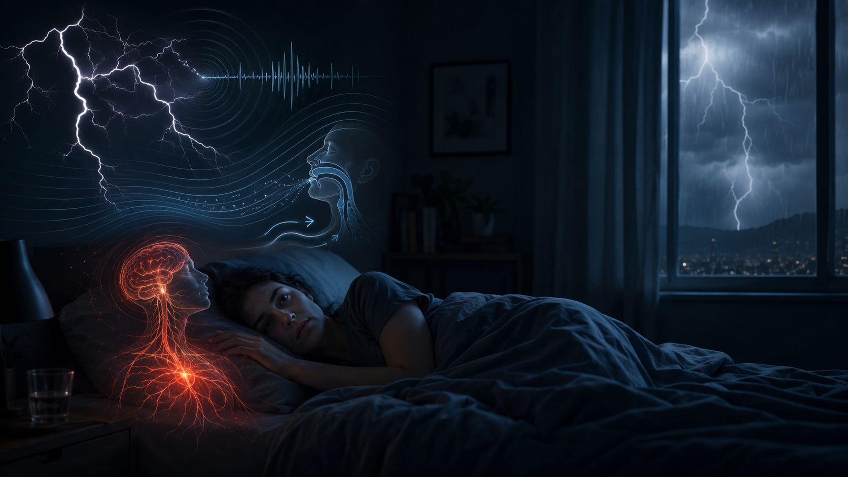 A person lying awake during a thunderstorm with visual cues for noise, pressure, breathing, and anxiety disruption