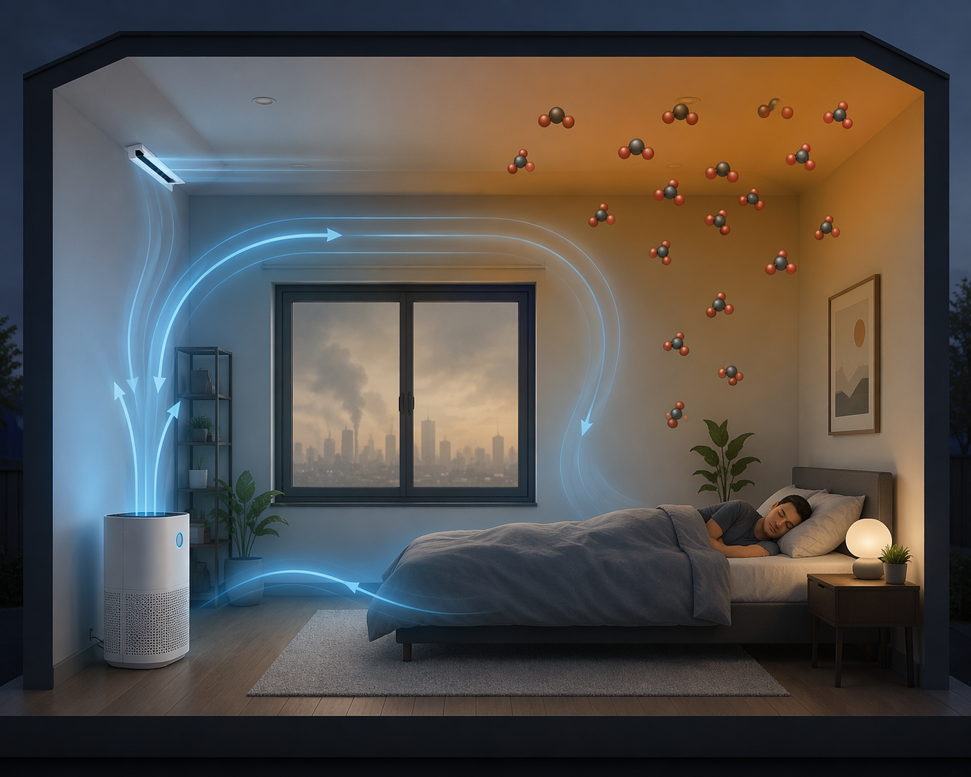 Cross-section of a sealed bedroom showing filtered air circulation and CO2 accumulating above a sleeping person