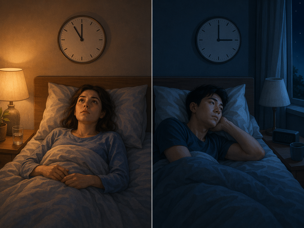 Side-by-side illustration of sleep onset insomnia at 11 PM and sleep maintenance insomnia at 3 AM