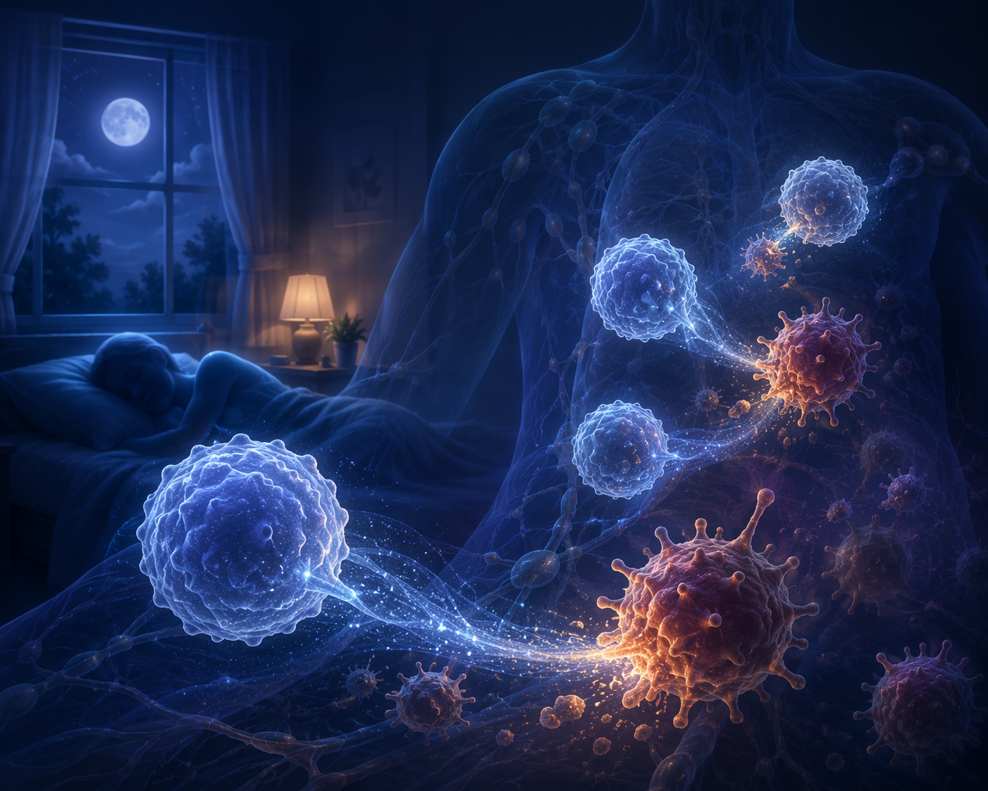 Peaceful nighttime bedroom with immune cells patrolling abnormal cells