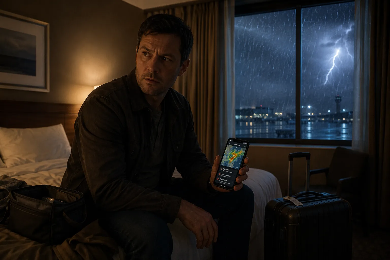 Weary traveler sitting alert on a dim hotel bed while checking storm radar and flight alerts