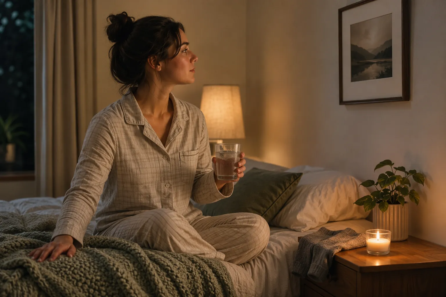 A person sits on the edge of a warm, softly lit bed touching a textured blanket and holding a glass of water.